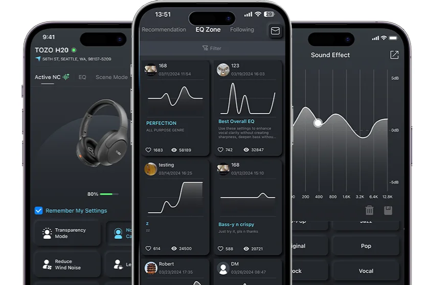 TOZO H20の専用アプリ画面。EQ ZoneとSound Effectの設定画面