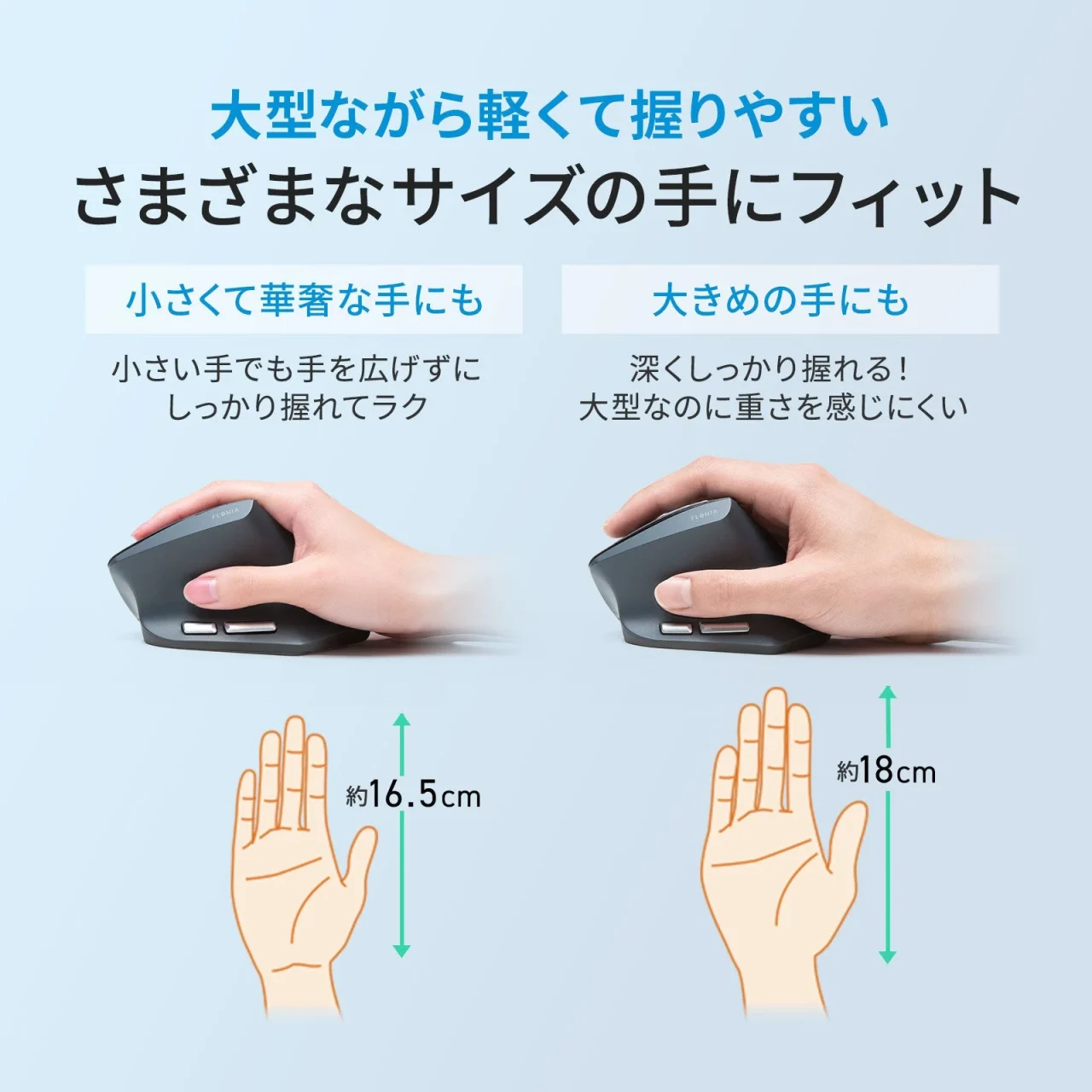 小さい手と大きめの手でエルゴノミクスマウスを握る比較。手の長さ約16.5cmと約18cm