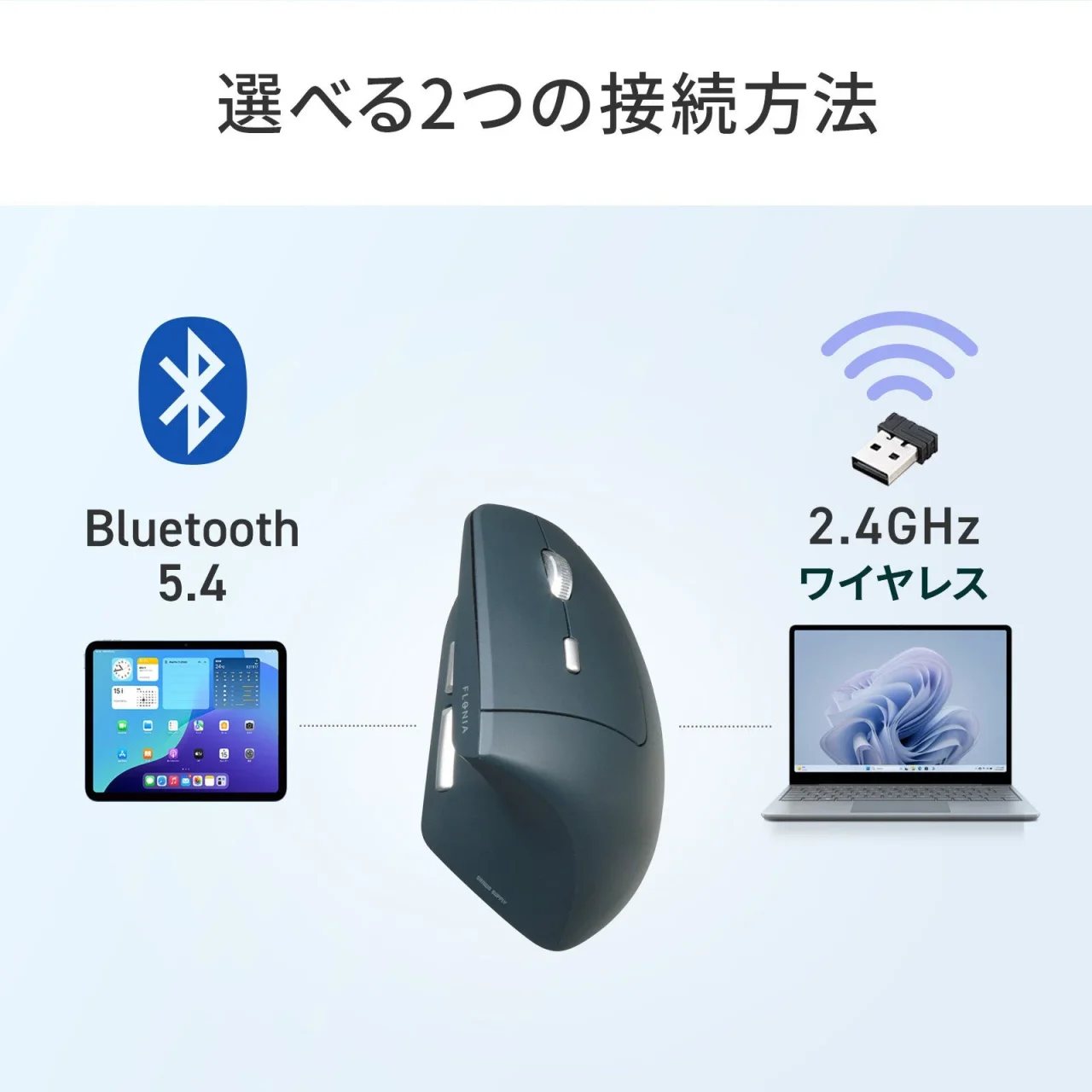 MA-EWBS536BL。Bluetooth 5.4と2.4GHzワイヤレスの2つの接続方法を示す図
