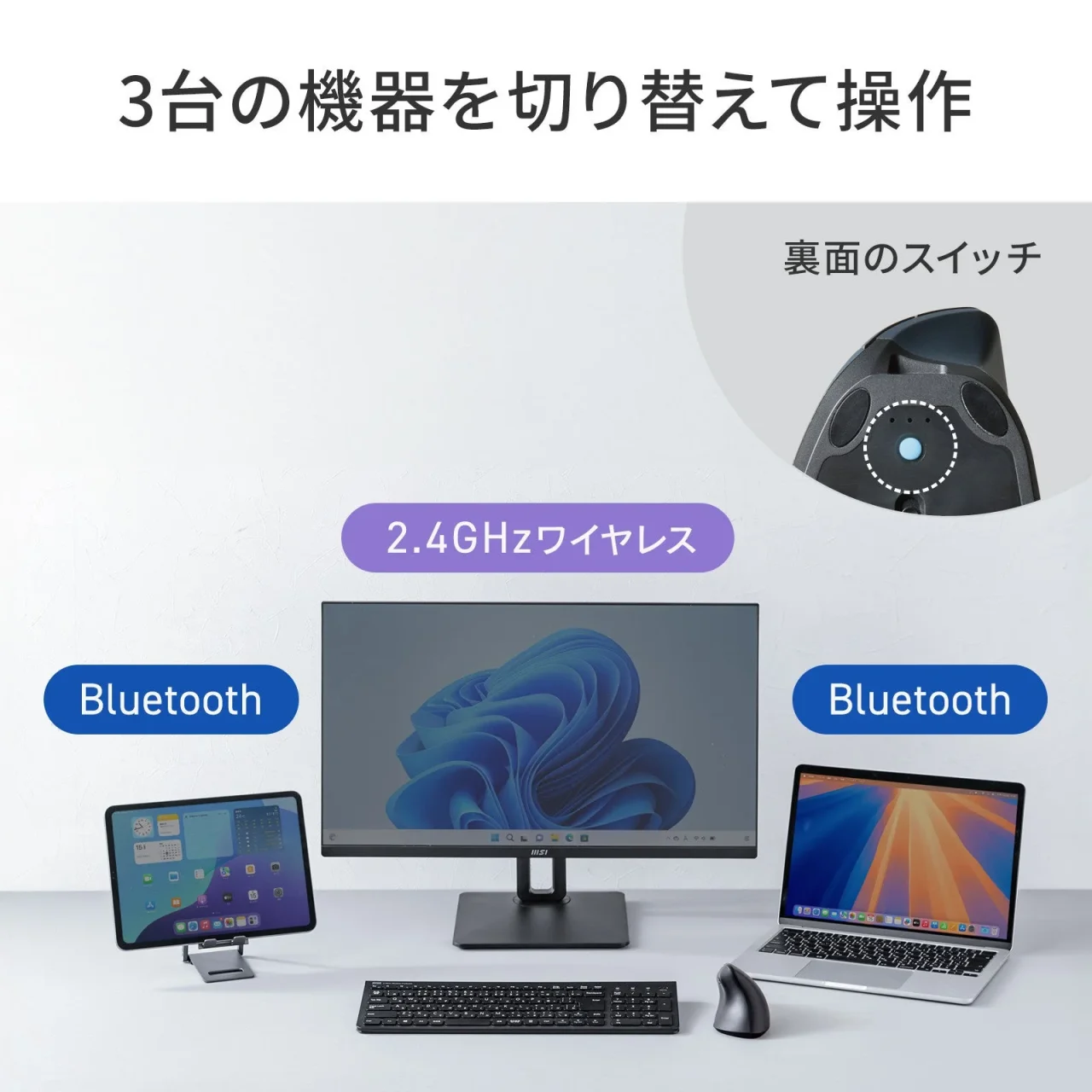 MA-EWBS536BLの裏面スイッチで3台の機器を切り替える図