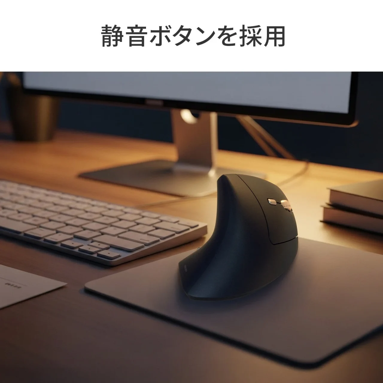 全ボタン静音のエルゴノミクスマウスがデスク上のマウスパッドに置かれた様子