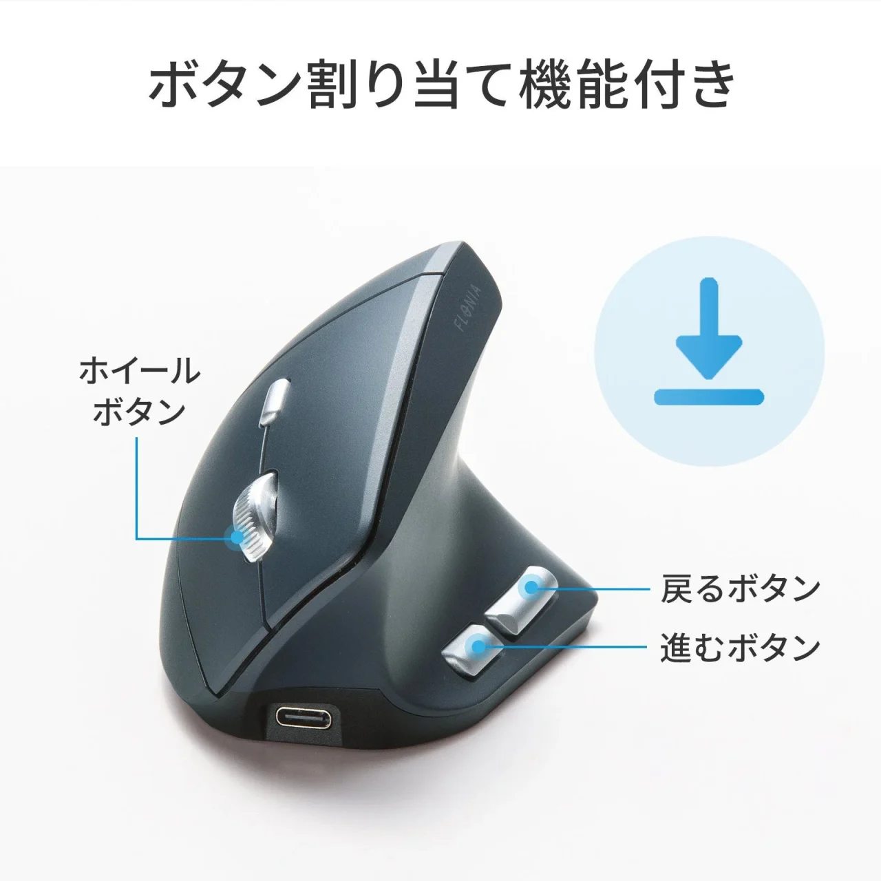 ボタン割り当て機能付きの縦型エルゴマウス。ホイール・戻る・進むボタンを示す