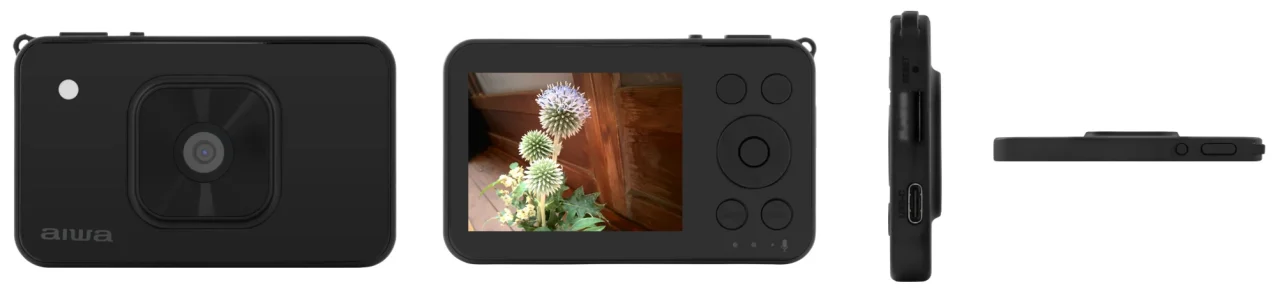 aiwaロゴ入りの黒いカード型カメラの前面・背面・側面・上面の製品写真
