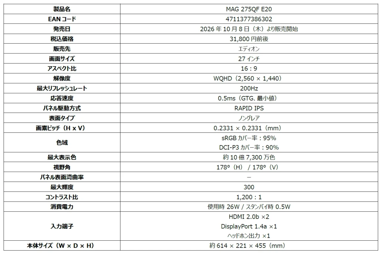 MAG 275QF E20の製品仕様表。27インチ、WQHD、200Hz、RAPID IPS