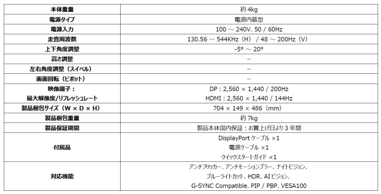 MAG 275QF E20の仕様表。重量、入力端子、付属品、対応機能など