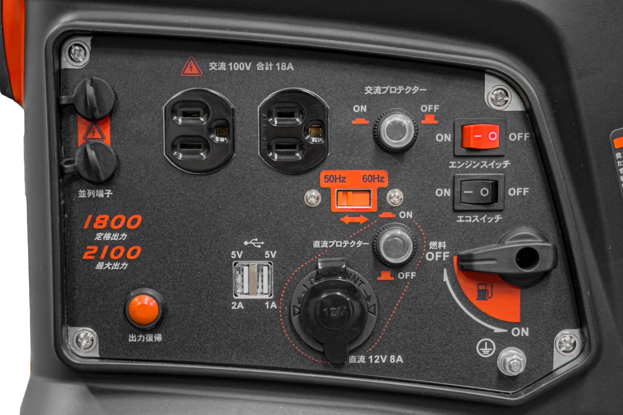 1800Wインバーター発電機の操作パネル。交流コンセント2口、USB、直流12V端子、スイッチ類