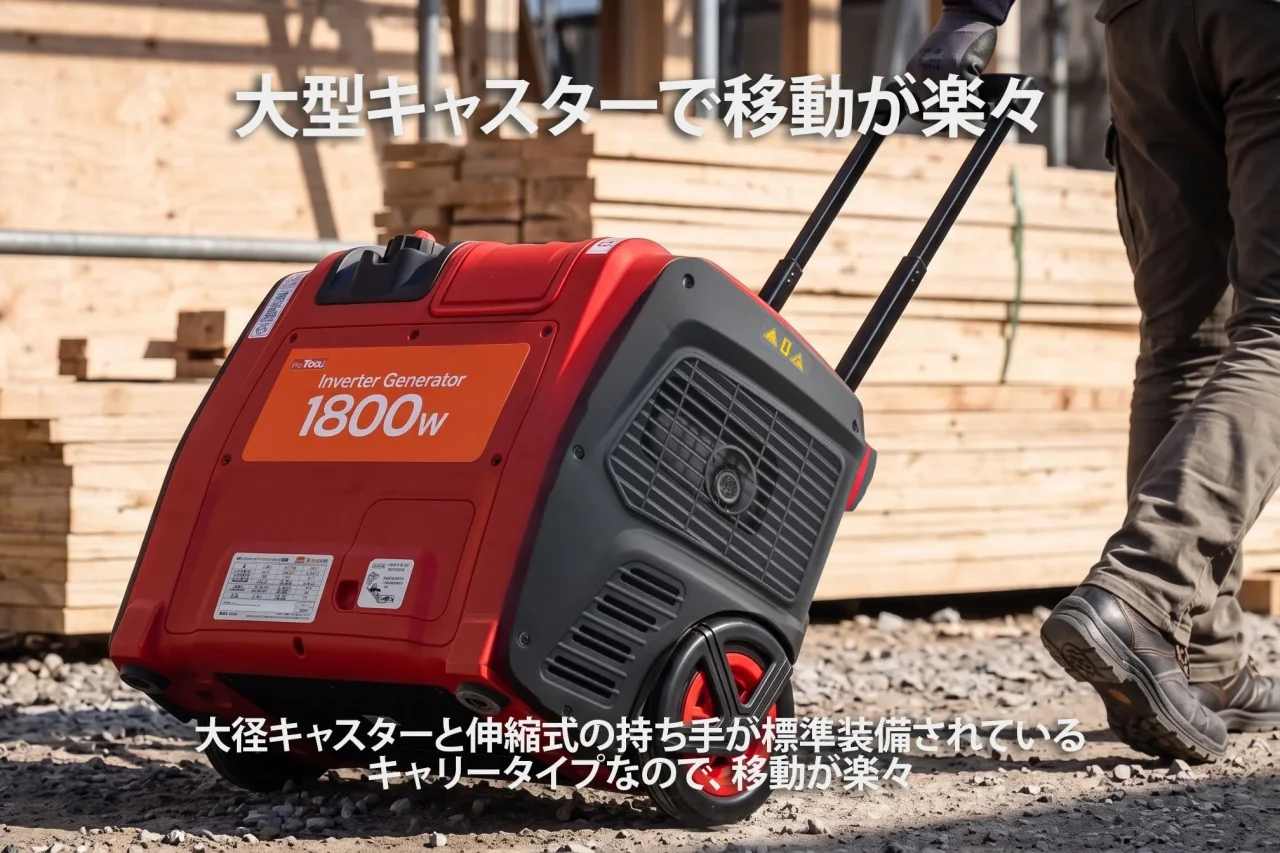 伸縮ハンドルと大型車輪で引いて移動する赤い1800Wインバーター発電機