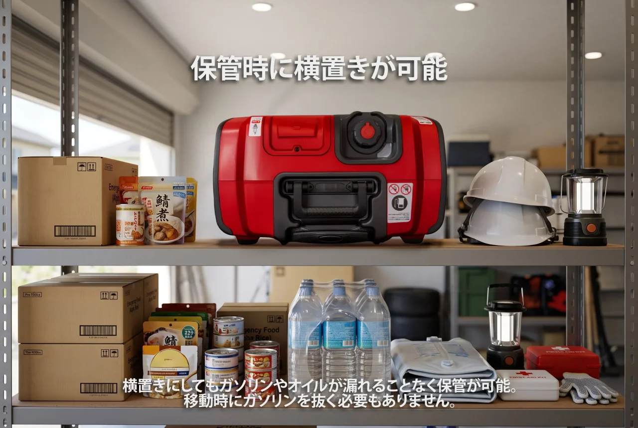 横置き構造の発電機を棚に保管した様子。非常食や水、ヘルメットも並ぶ