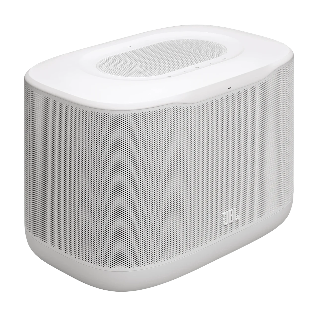 JBL COVE X1 ホワイト。メッシュグリルと上面操作部を備えた据え置き型スピーカー