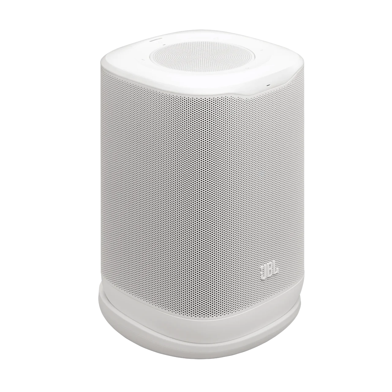 JBL COVE P1 ホワイト。メッシュグリルの円筒形スピーカーと充電クレードル