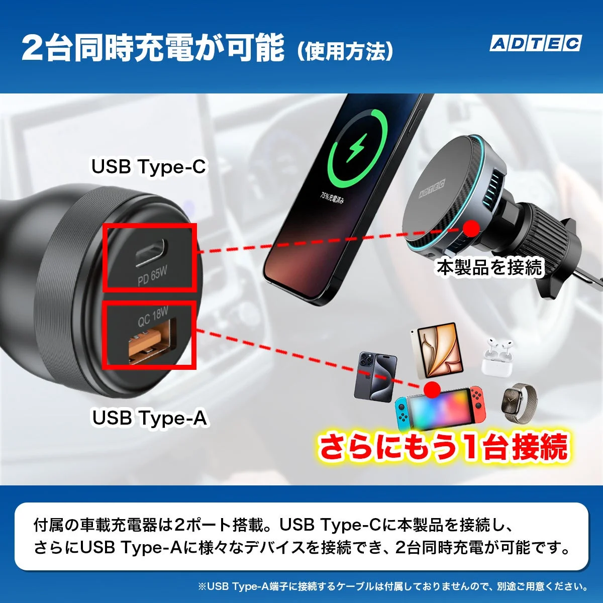 2台同時充電可能を示す、車載充電器のUSB Type-C/Type-Aポートと車載ホルダーの使用方法図