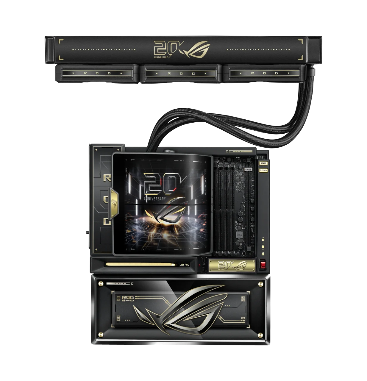 ROG Crosshair X870E EDITION 20。黒金の20周年デザインで、水冷ラジエーターと組み合わせた外観