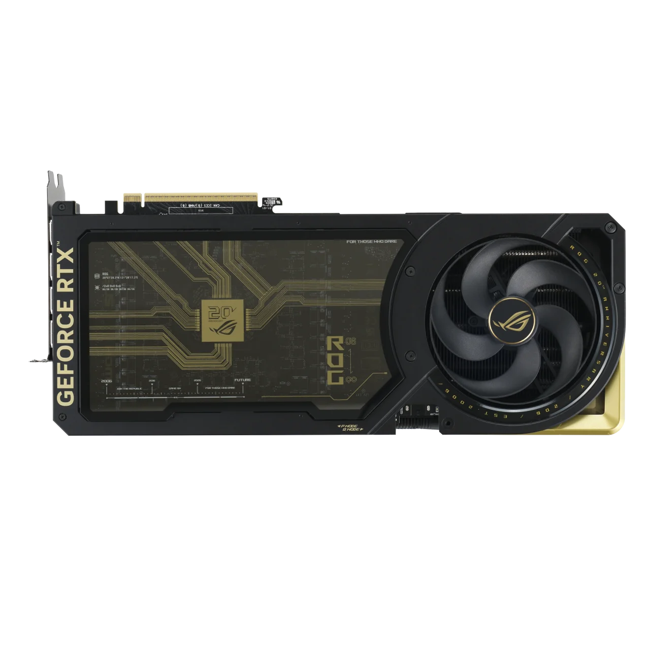 ROG Astral GeForce RTX 5090 Edition 20の正面。ガラス製バックプレートとファン