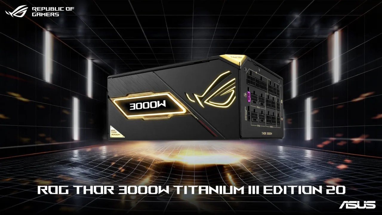 ROG Thor 3000W Titanium III Edition 20の黒と金の電源ユニット