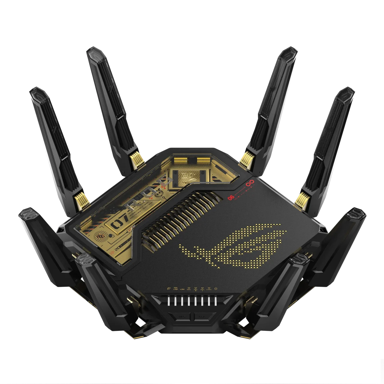 ROG Rapture GT-BE98 Edition 20の黒とゴールドの8本アンテナ付きルーター