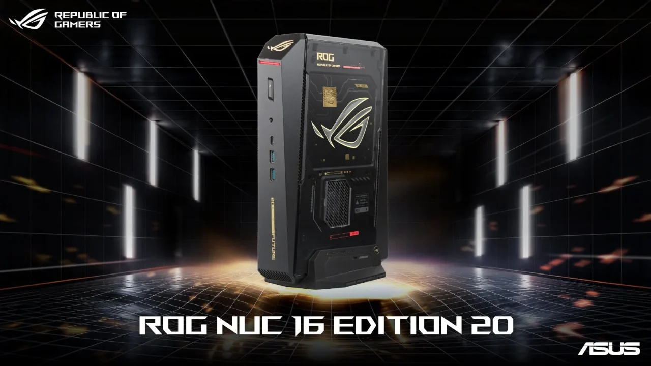 ROG NUC 16 Edition 20の告知ビジュアル。黒とゴールドの縦置きMini PC