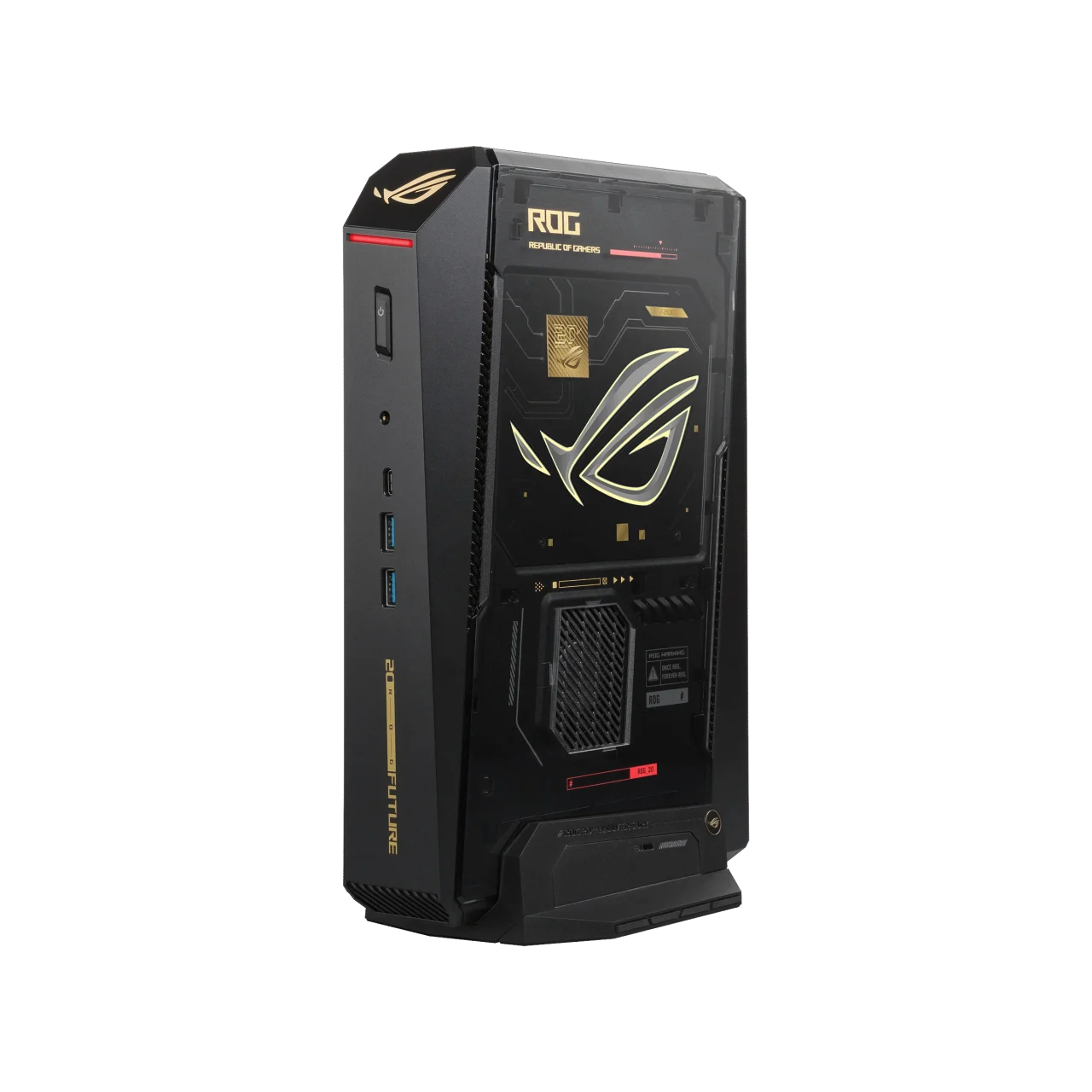 ROG NUC 16 Edition 20の斜め前から見た、ブラックにゴールドの装飾のMini PC