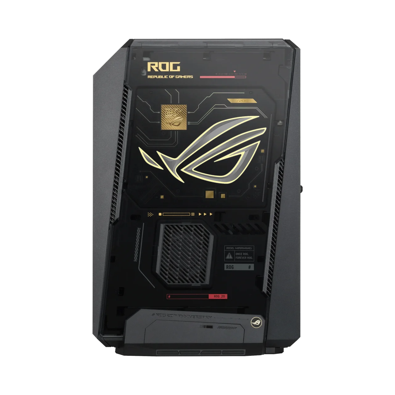 ROG NUC 16 Edition 20 の正面。ROGロゴとゴールドの装飾が入った黒い筐体