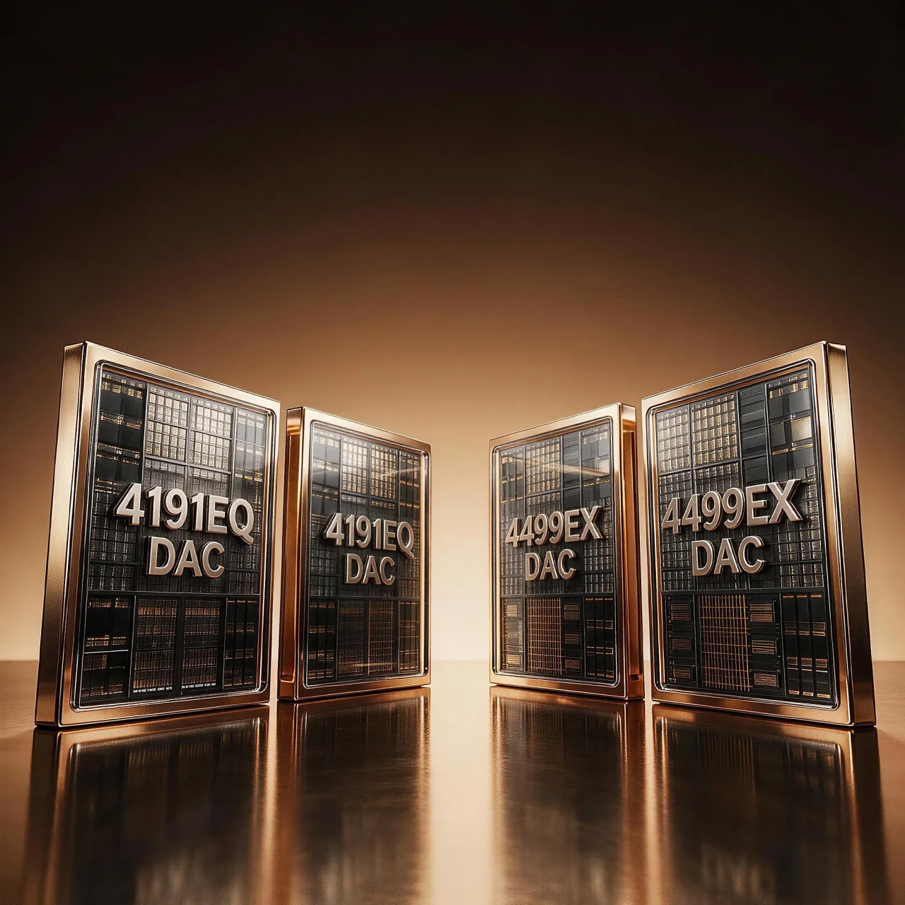 AK4191EQ×2＋AK4499EX×2のDACチップを表した、金属縁の4枚のパネル