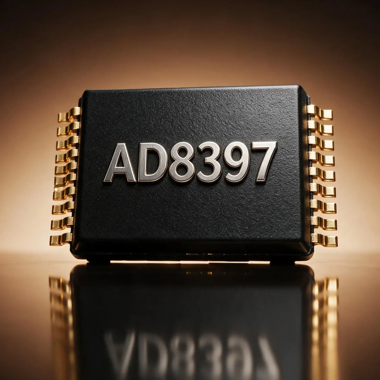 黒いICチップ AD8397 の表面に刻印と金色の端子が見える