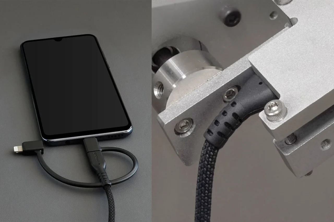 OWL-CBA6ABMシリーズの3 in 1ケーブルをスマホに接続した様子と、黒いナイロンケーブルの付け根