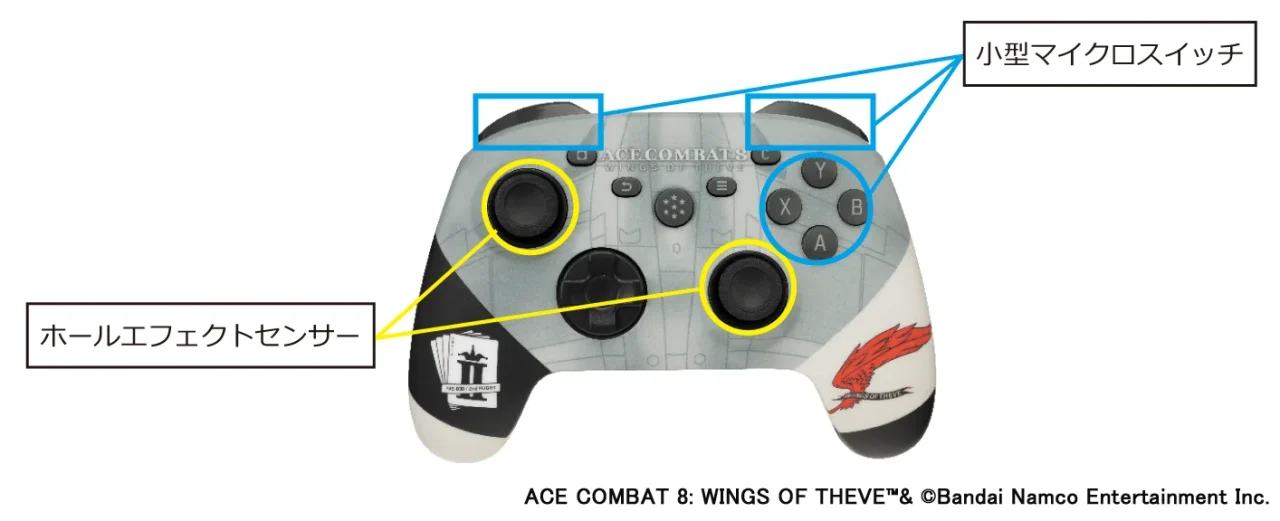 ACE COMBAT 8 ゲーミングコントローラー PRO のホールエフェクトセンサーと小型マイクロスイッチ搭載箇所