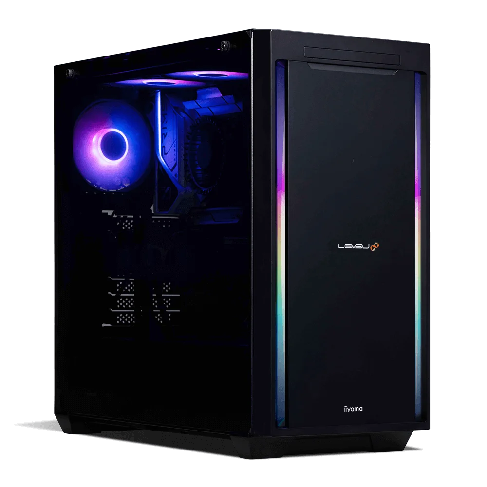 LEVEL-R789-265F-UKX [RGB Build]。ガラスパネルと前面RGBライトの黒いPC