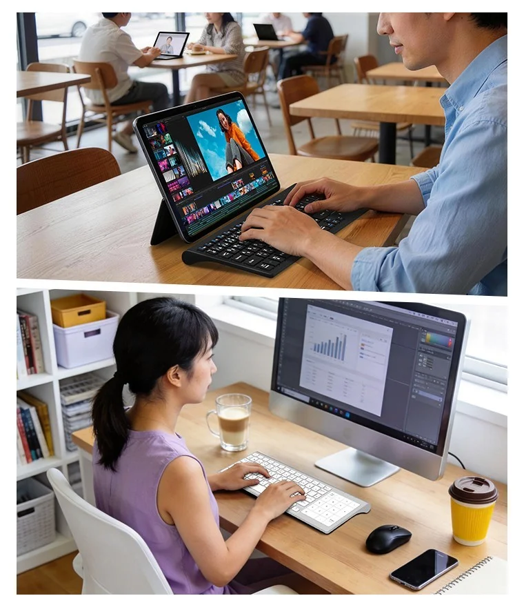 静音設計のキーボードを使う、カフェと自宅の2つの作業シーン