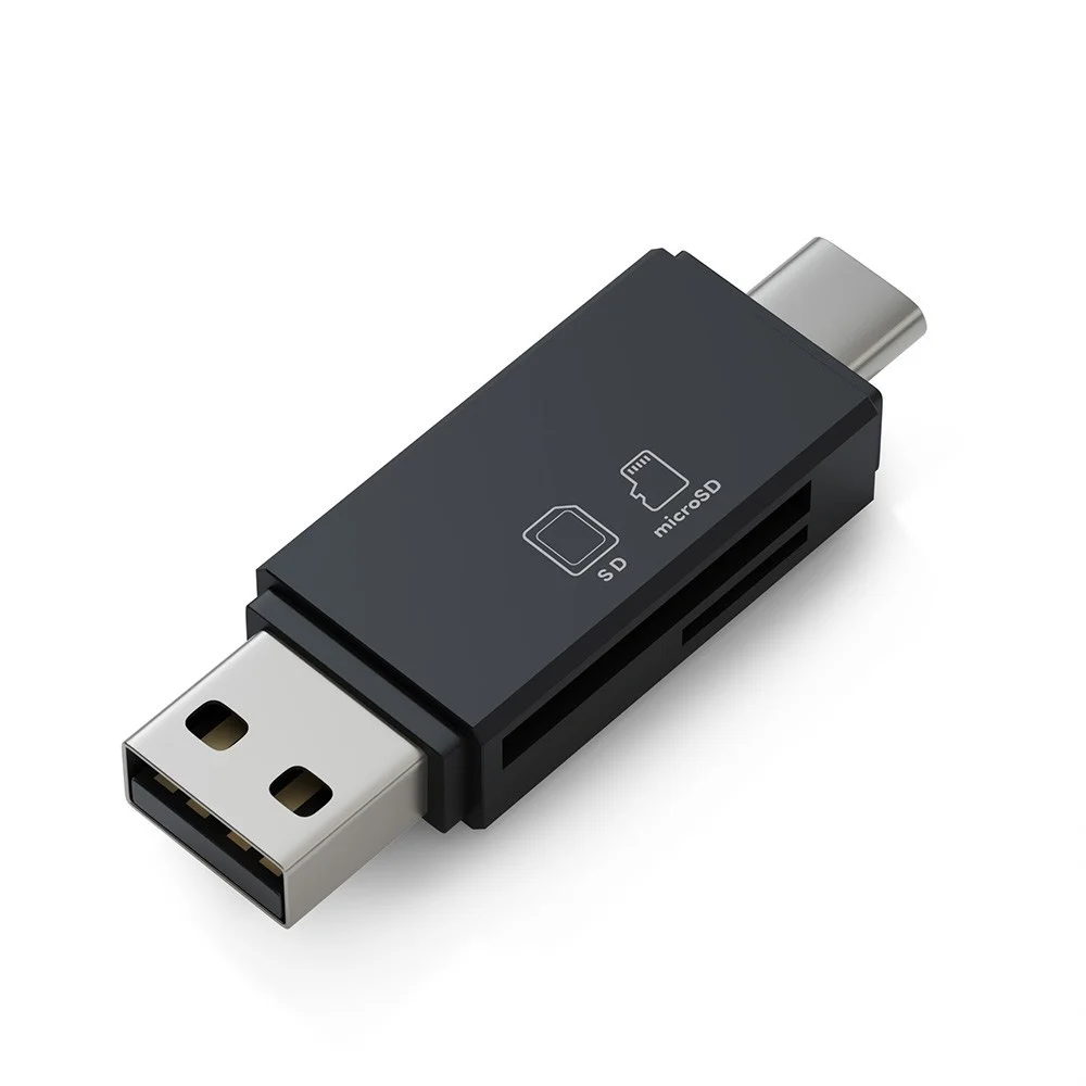 USB Type-A＋C メモリーカードリーダー。黒い本体にSD・microSDスロット