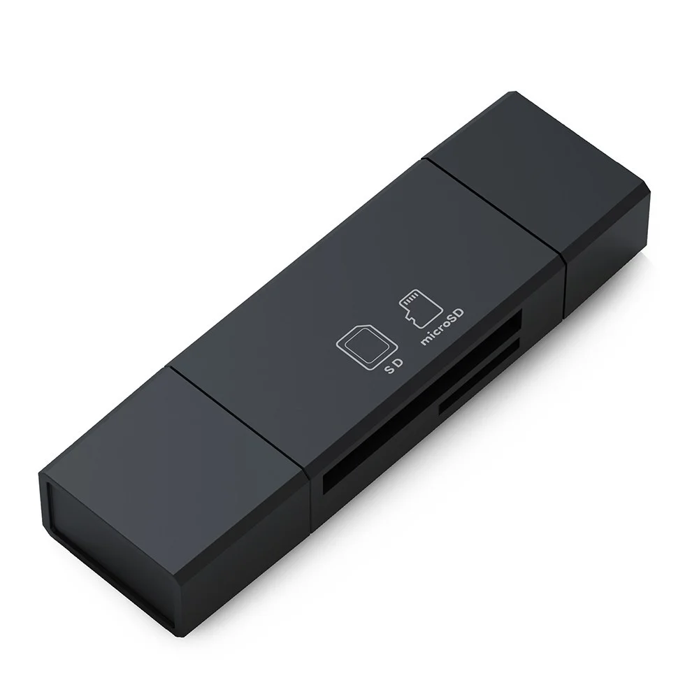 USB Type-A＋C メモリーカードリーダー。SDとmicroSDスロットを備えた黒い本体