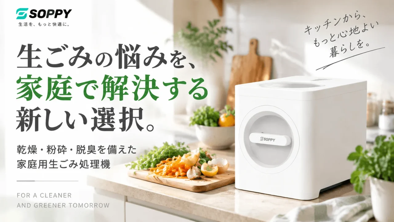 SOPPY 家庭用生ごみ処理機。キッチンカウンターに置かれた白い本体と野菜くず