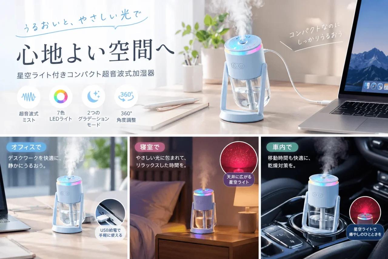 星空ライト付きコンパクト超音波式加湿器の告知ビジュアル