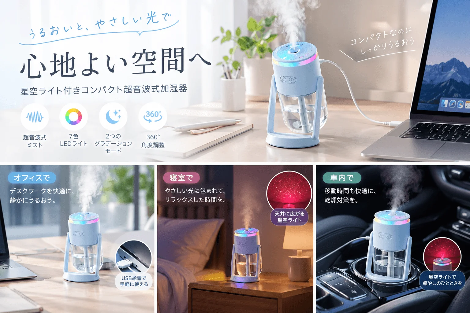 星空ライト付きコンパクト超音波式加湿器の告知ビジュアル