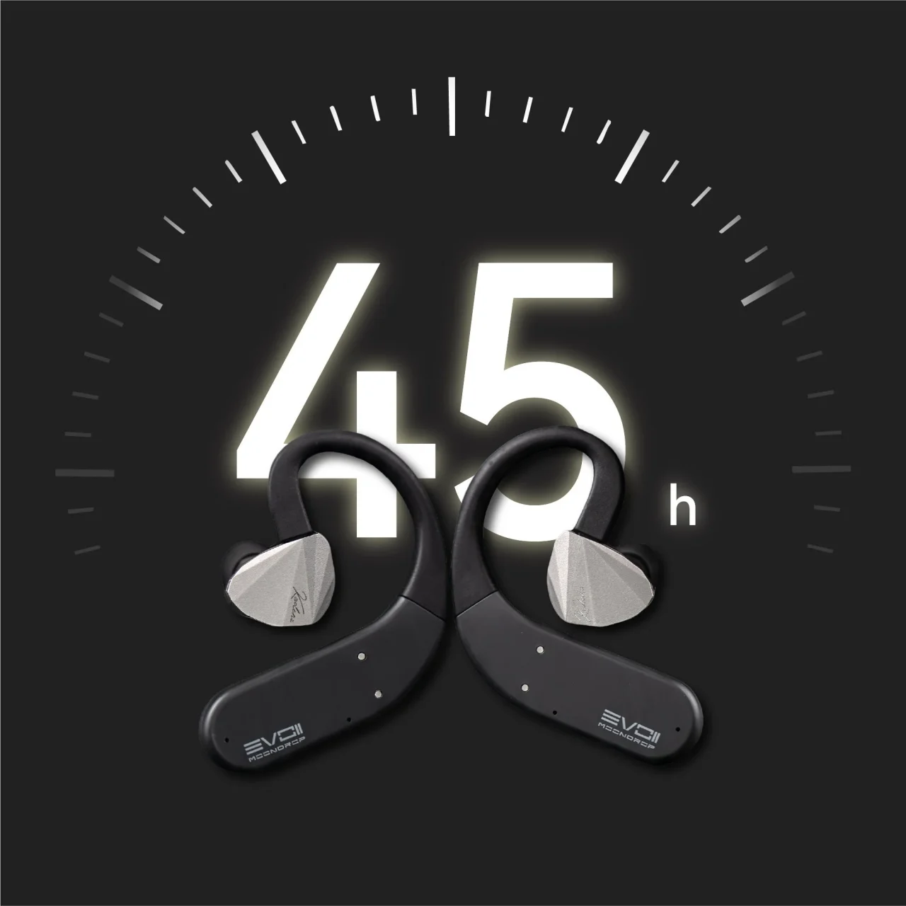 EVO 2のイヤーフック型モジュール一対と「45h」の大きな数字