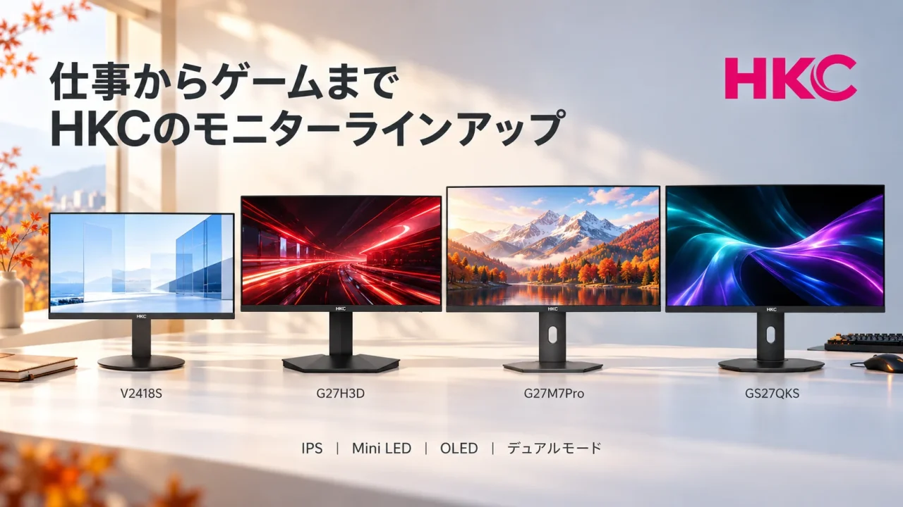 HKCのモニターV2418S、G27H3D、G27M7Pro、GS27QKSが並ぶラインアップ