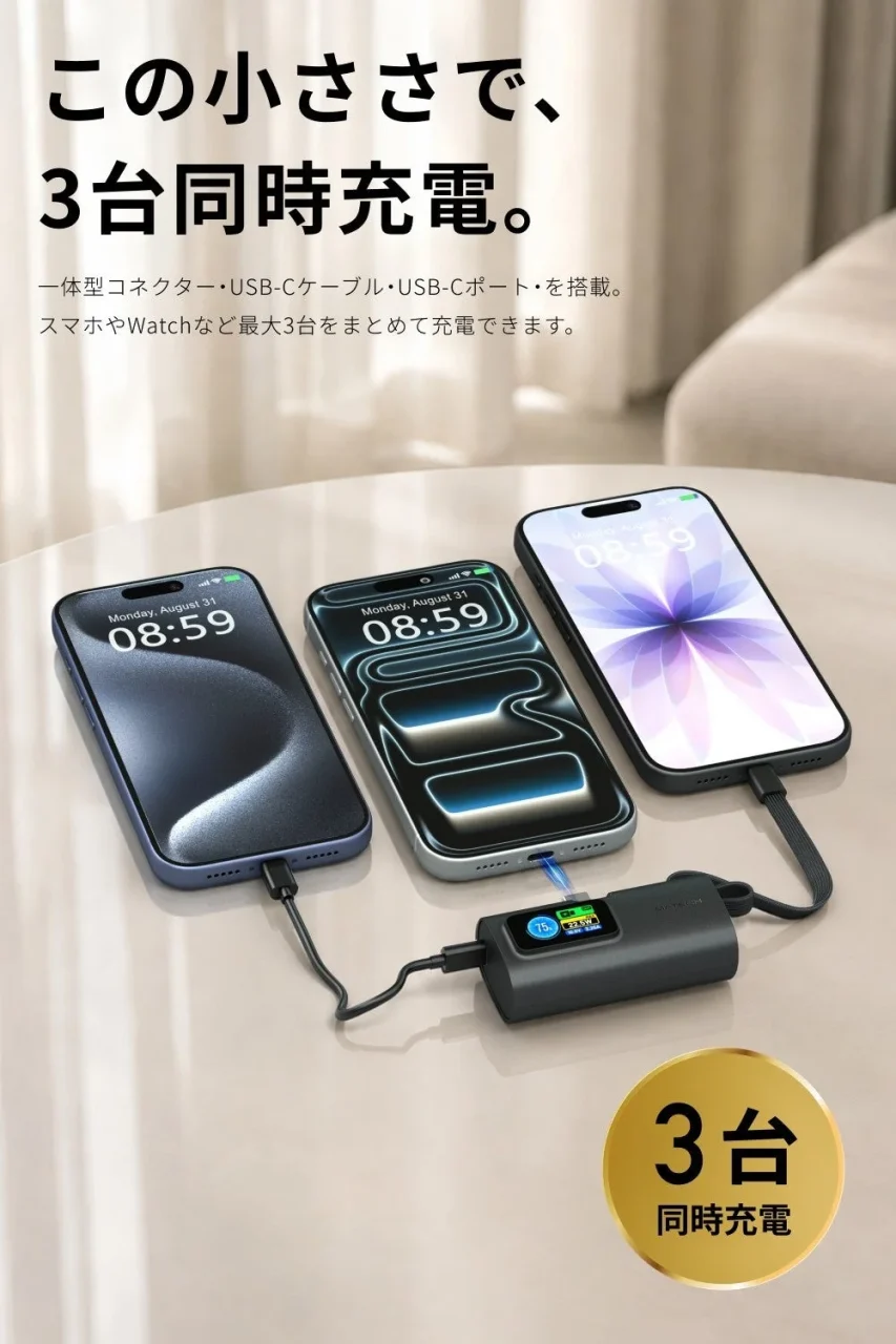 コンパクトなモバイルバッテリーで3台のスマートフォンを同時充電している様子