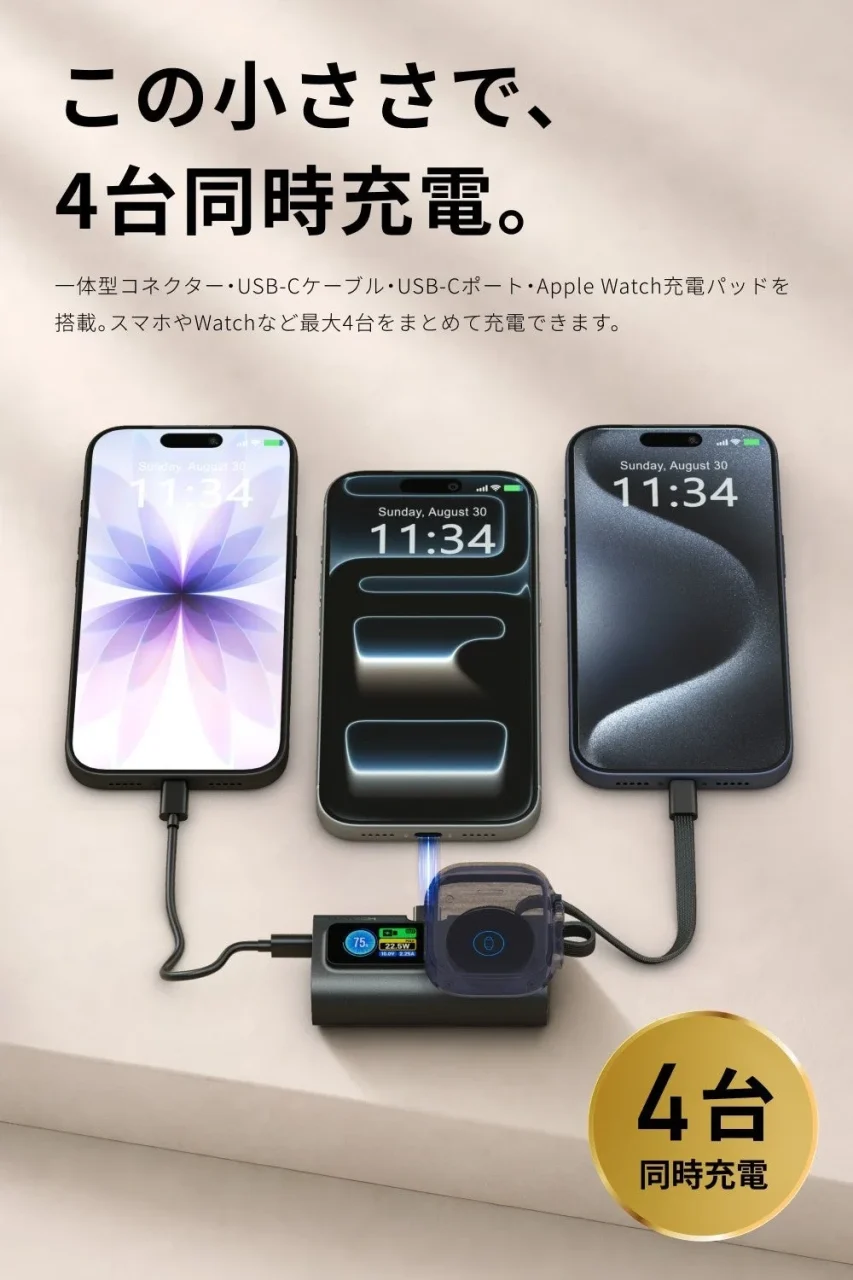 PowerNano Watch 5000でスマホ3台などを同時充電している様子