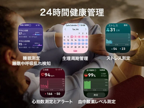 24時間健康管理を示す、睡眠・生理周期・ストレス・心拍数・血中酸素の5つのウォッチ画面