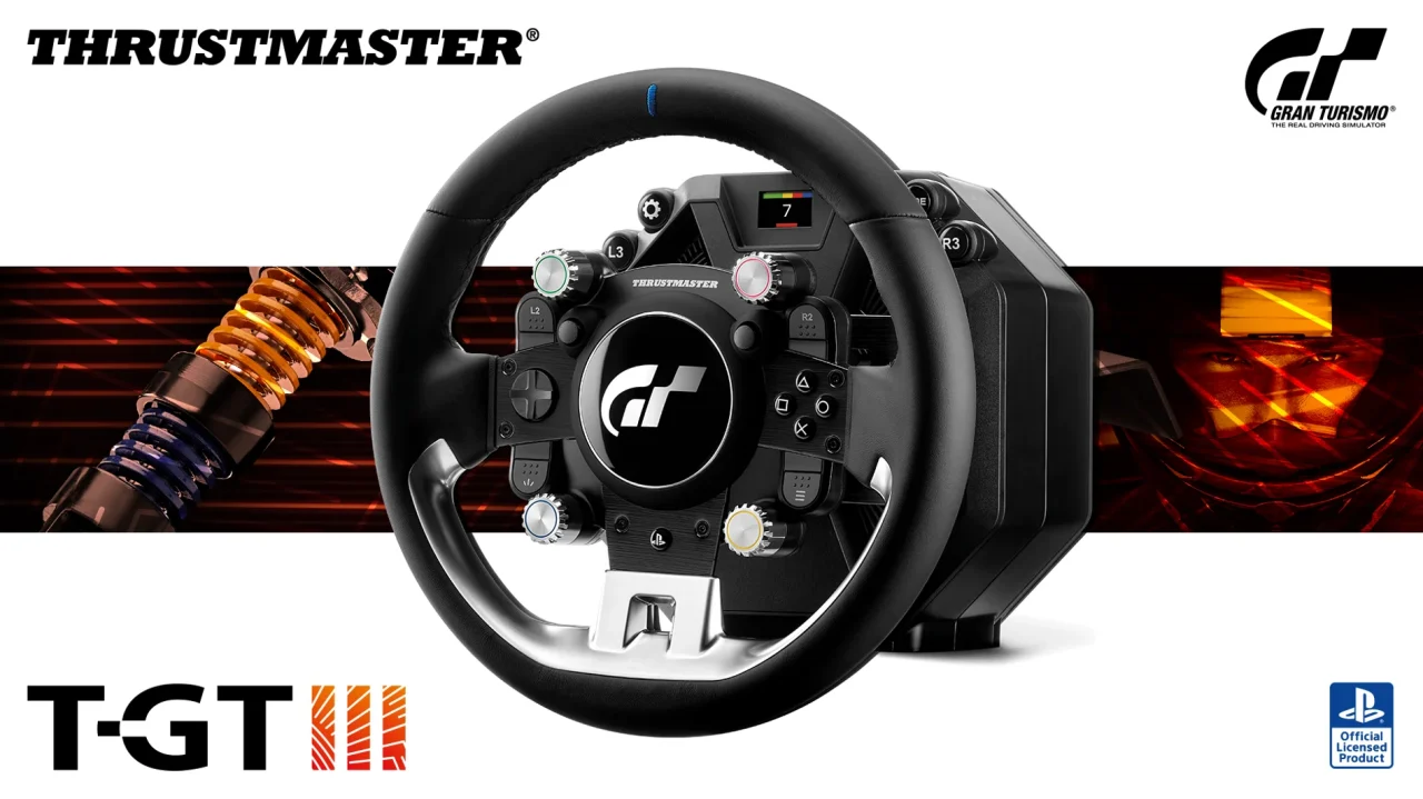 Thrustmaster T-GT IIIの黒いレザー調ステアリングホイールの告知画像