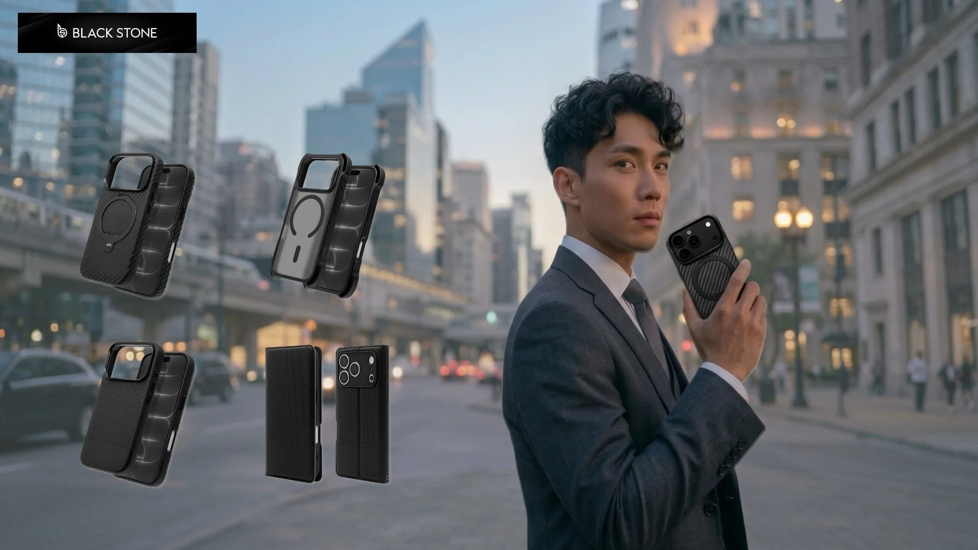 BLACK STONEシリーズのスマホケース4種と、ケースを持つスーツ姿の男性