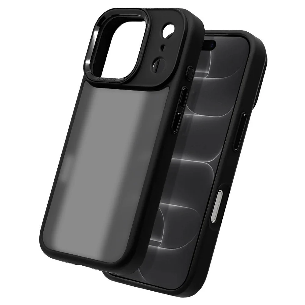 Metal 黒いスマホケース、背面は半透明マット、カメラ枠は金属調