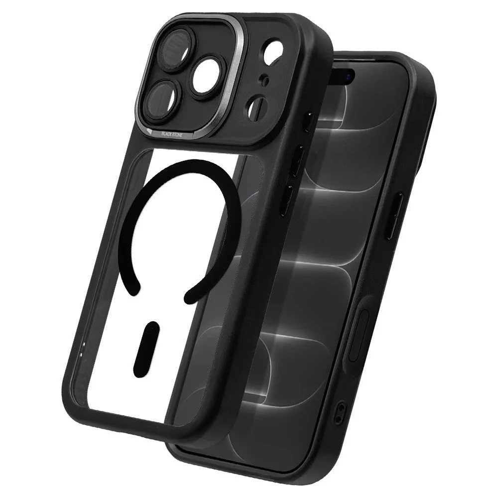Extreme 黒いスマホケース。クリア背面にMagSafeリング、カメラ周りは金属調枠