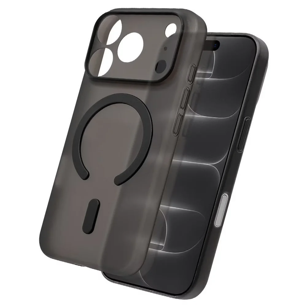 Minimal 黒のスマホケース。MagSafeリングとカメラ開口部が見える