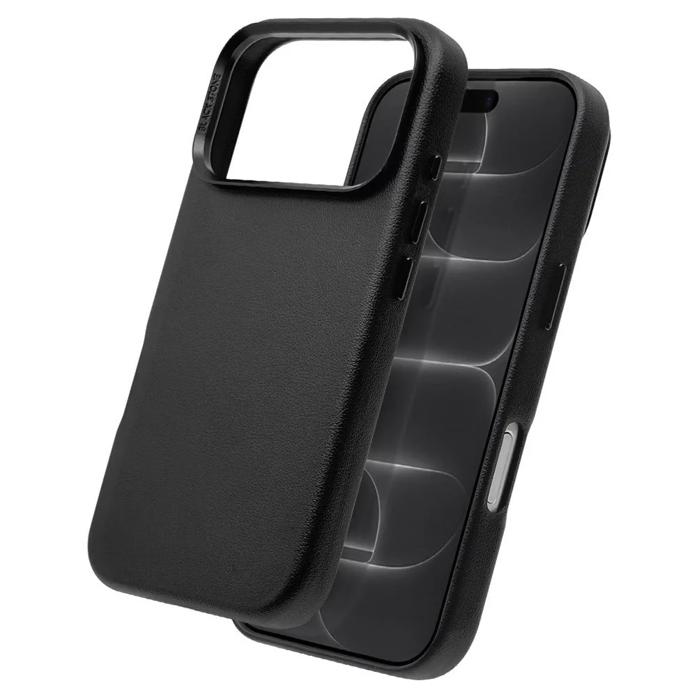 Durable 黒いレザー調のiPhoneケース、カメラ枠付きで背面と本体を並べた様子