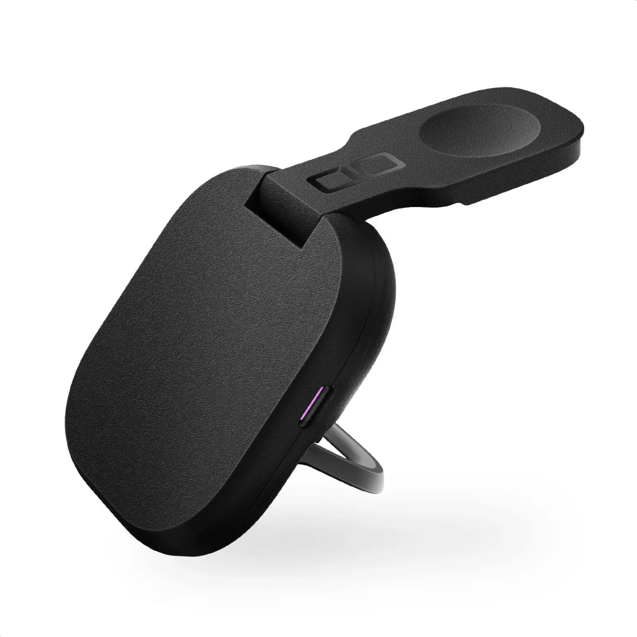NovaWave 3Way＋ 黒いポータブルスタンド。ウォッチ用アームを開いた状態