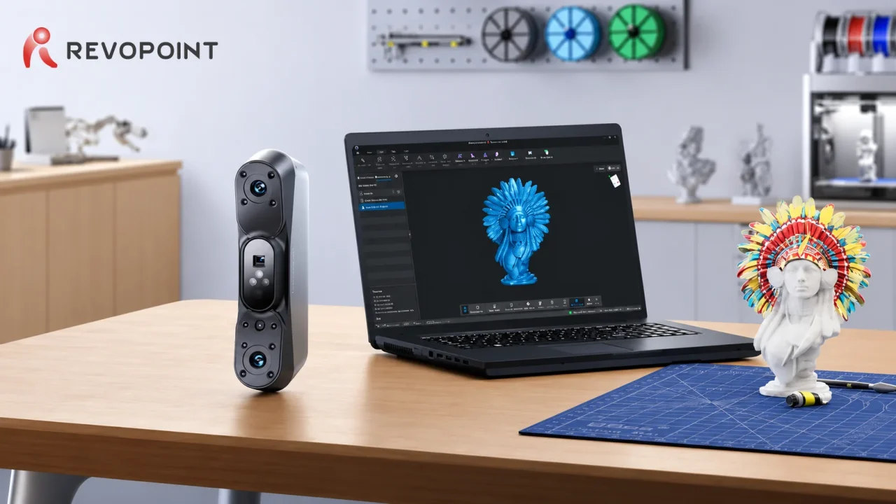 POP 4 ハイブリッド3DスキャナーとノートPC、スキャンした3Dモデルの机上イメージ