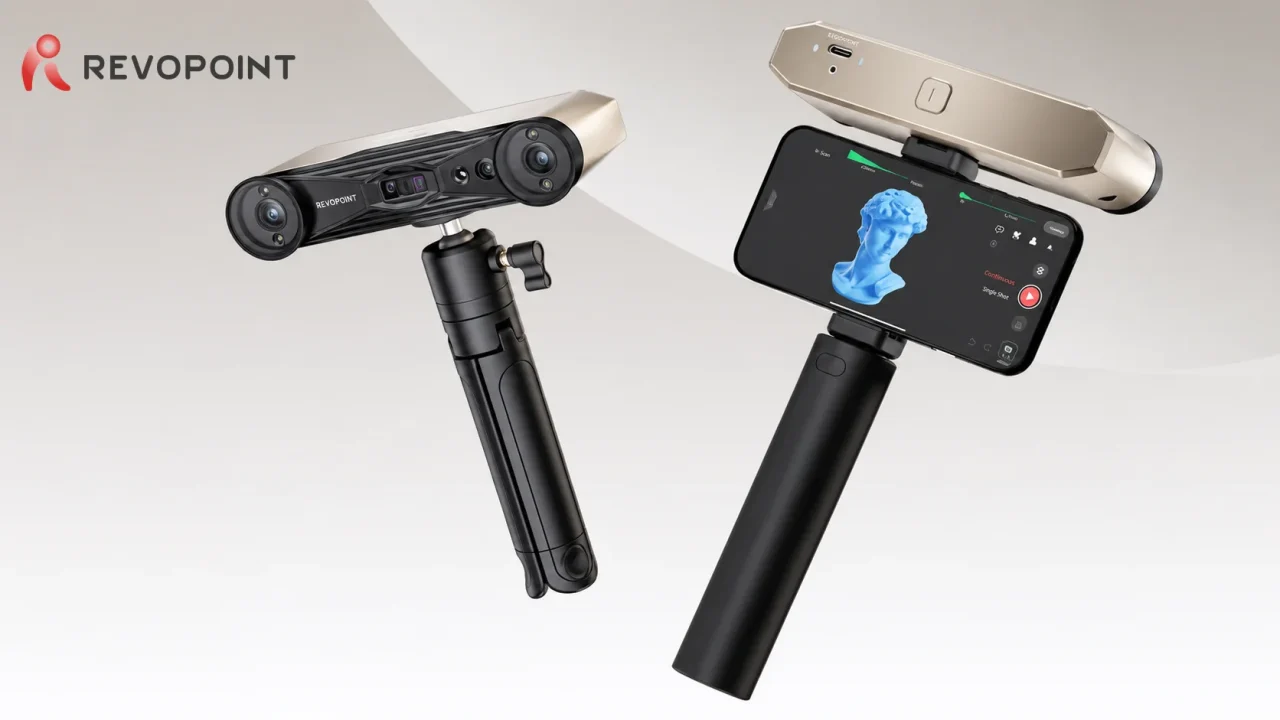 INSPIRE 2 ポータブル3Dスキャナー。三脚型ハンドルと、スマホを装着したハンドル