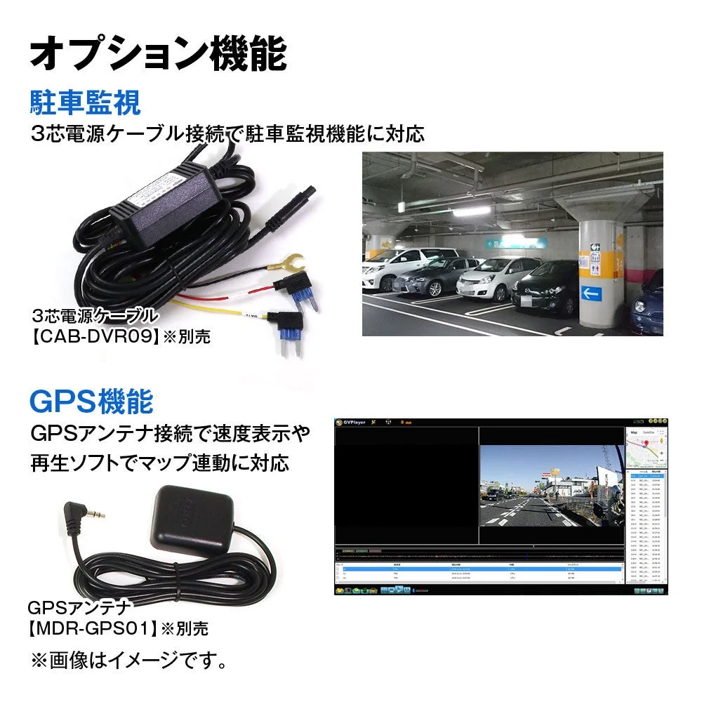 別売の3芯電源ケーブルとGPSアンテナ、駐車場と再生ソフト画面