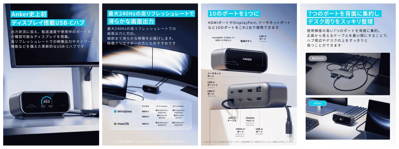 Anker Nano USB-C ハブ(10-in-1, 240Hz, Display)の特徴を示す4枚構成の解説画像