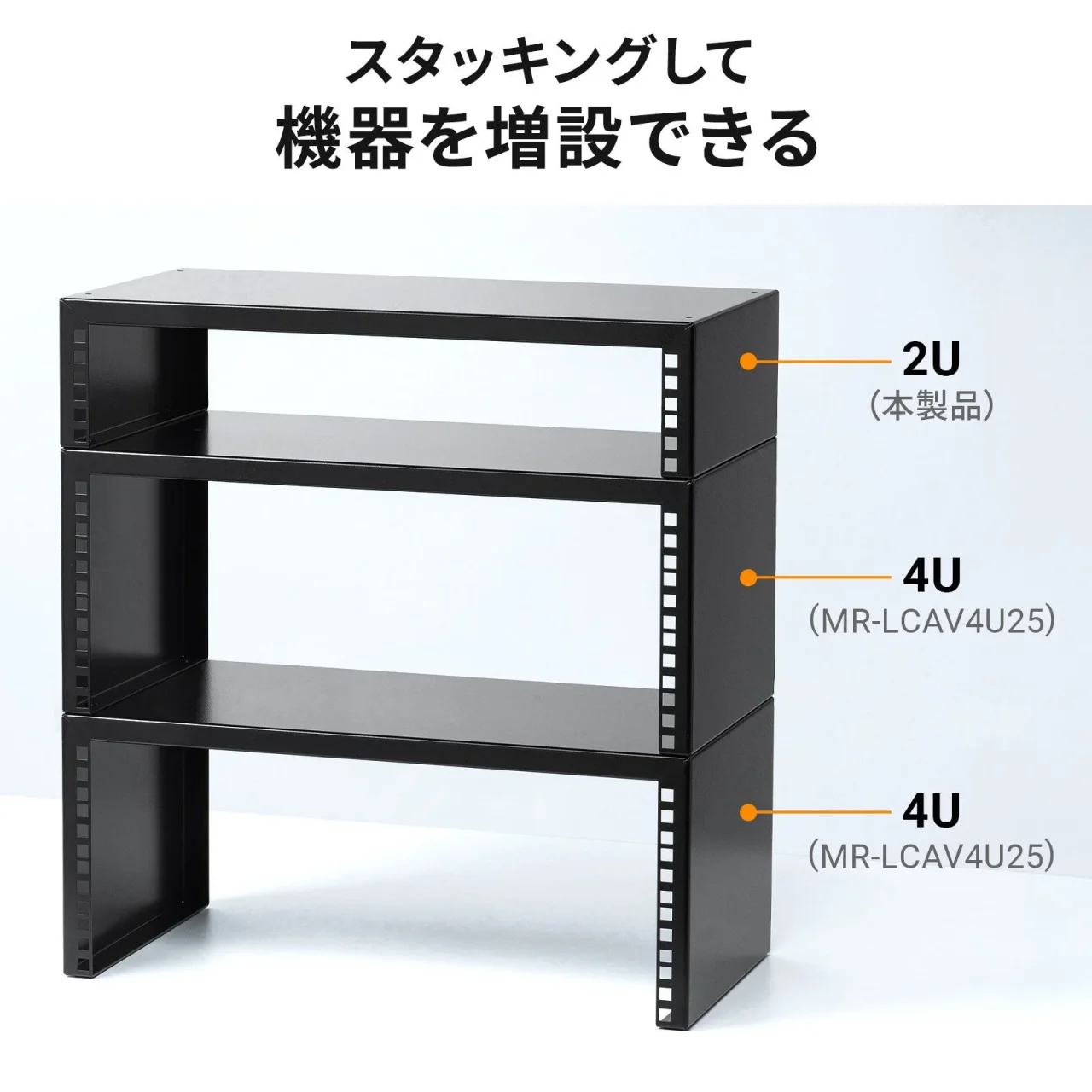 2Uの本製品に4UのMR-LCAV4U25を2台重ねた黒いスチールラック
